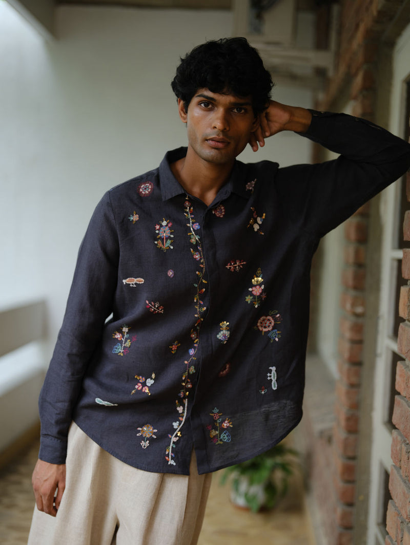 Zai Floral Hand-Embroidered Shirt-Charcoal linen shirt by Manan Men in charcoal for men Worldwide