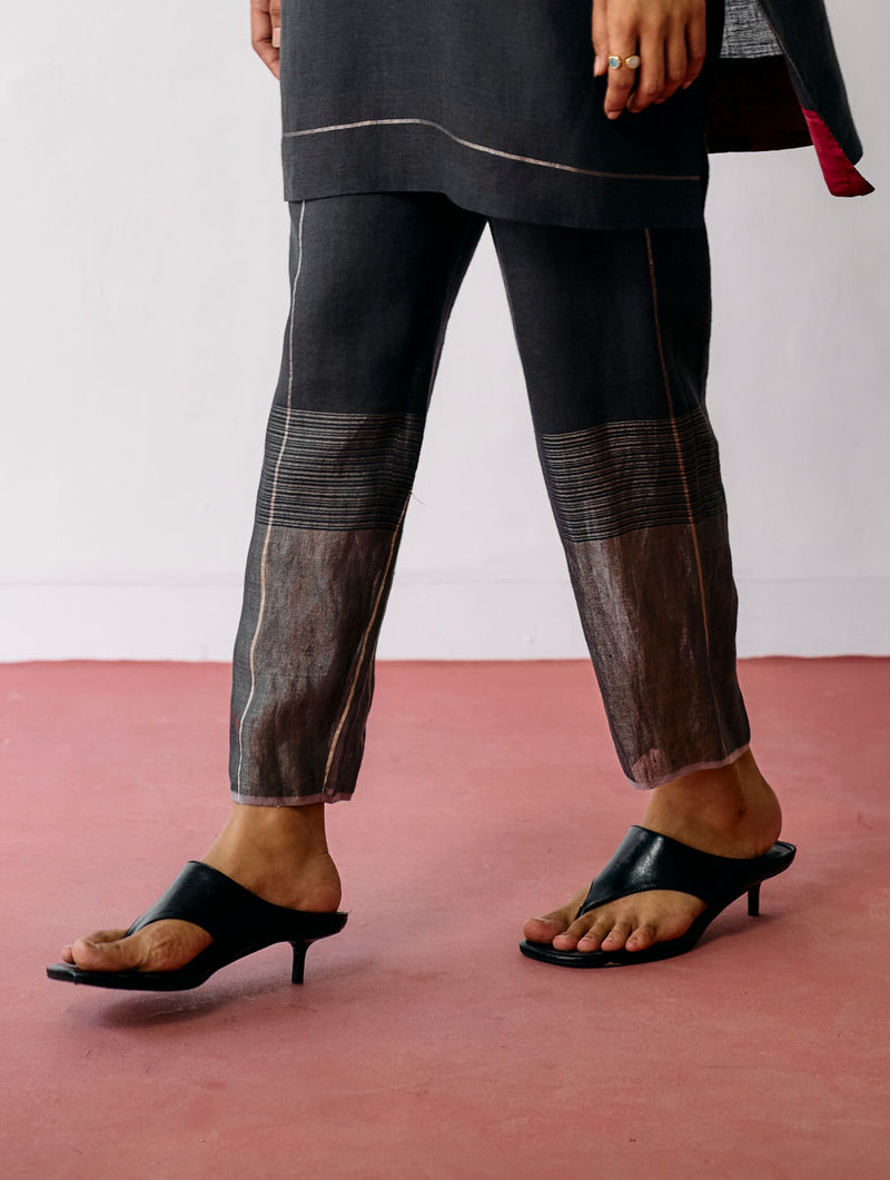 Nila Tapered Metallic Linen Pants-Charcoal linen pant/trousers by Manan in black for women Worldwide