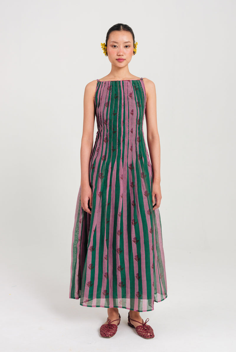 Twirl Pleated Dress mul chanderi dress by JodiLife in pink, green for women Worldwide