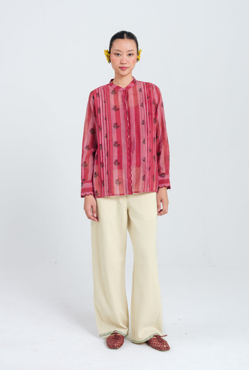Spring Scallop Shirt mul chanderi top/shirt by JodiLife in red, pink for women Worldwide