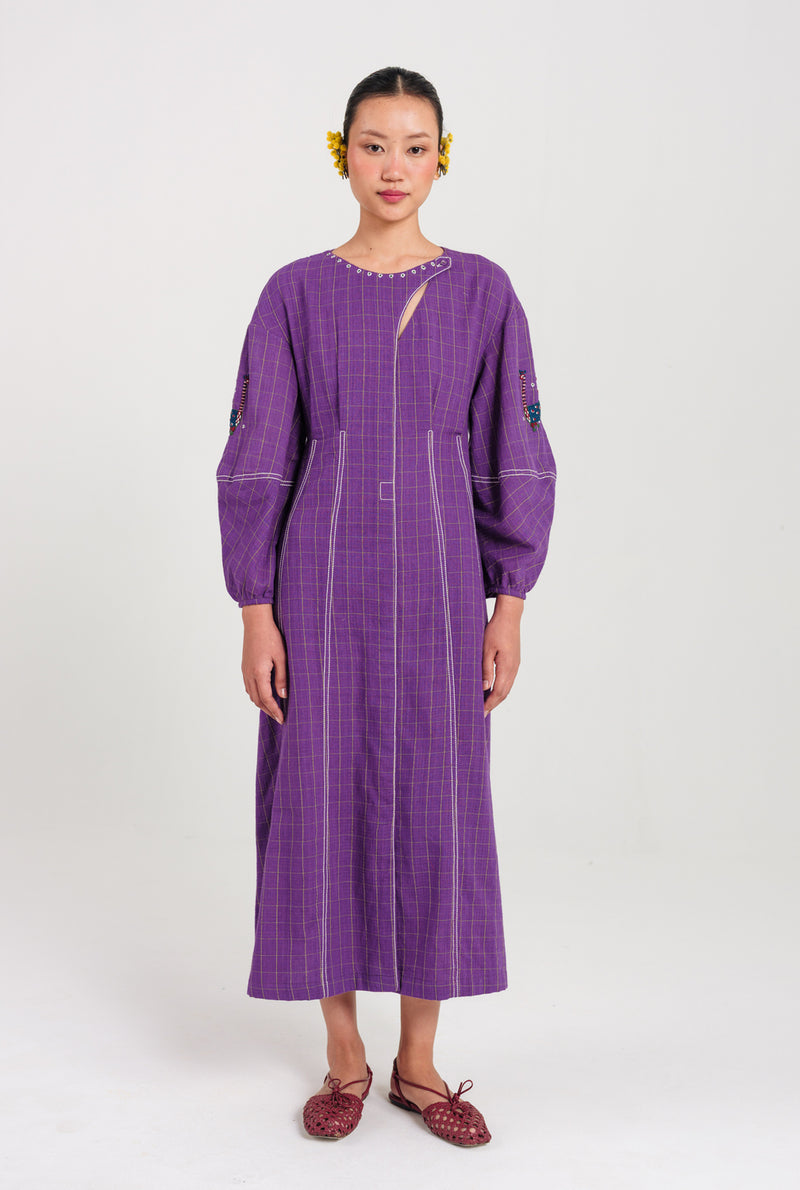 Drift Handloom Day Dress handwoven cotton dress by JodiLife in purple for women Worldwide