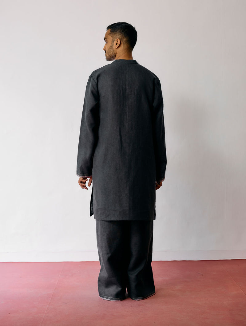 Keta Hand-Embroidered Linen Kurta Set-Charcoal linen kurta/kurta set by Manan Men in charcoal for men Worldwide