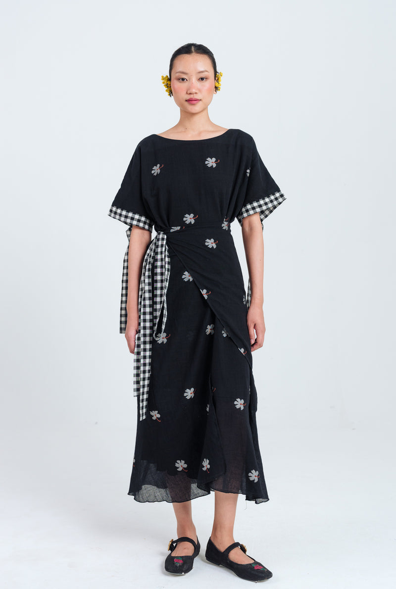 Leap Jamdani Tie-Up Dress jamdani dress by JodiLife in black for women Worldwide