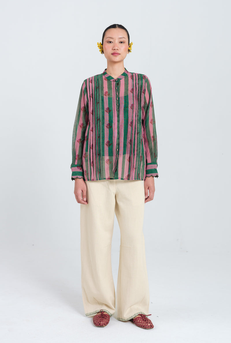 Twirl Scallop Shirt mul chanderi top/shirt by JodiLife in pink, green for women Worldwide