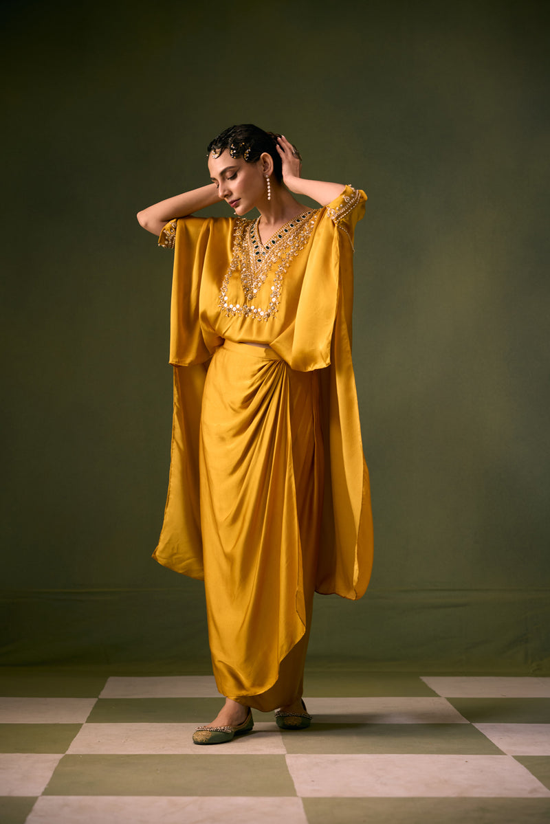 Nexa Antifit Top with Wrap Skirt vegan satin indo-western by PRAHNAAYA in musturd yellow for women Worldwide