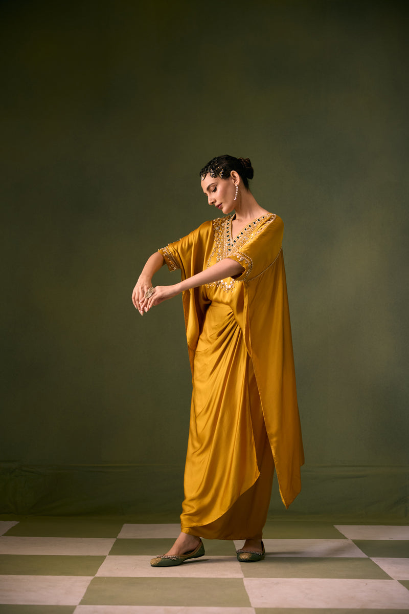 Nexa Antifit Top with Wrap Skirt vegan satin indo-western by PRAHNAAYA in musturd yellow for women Worldwide