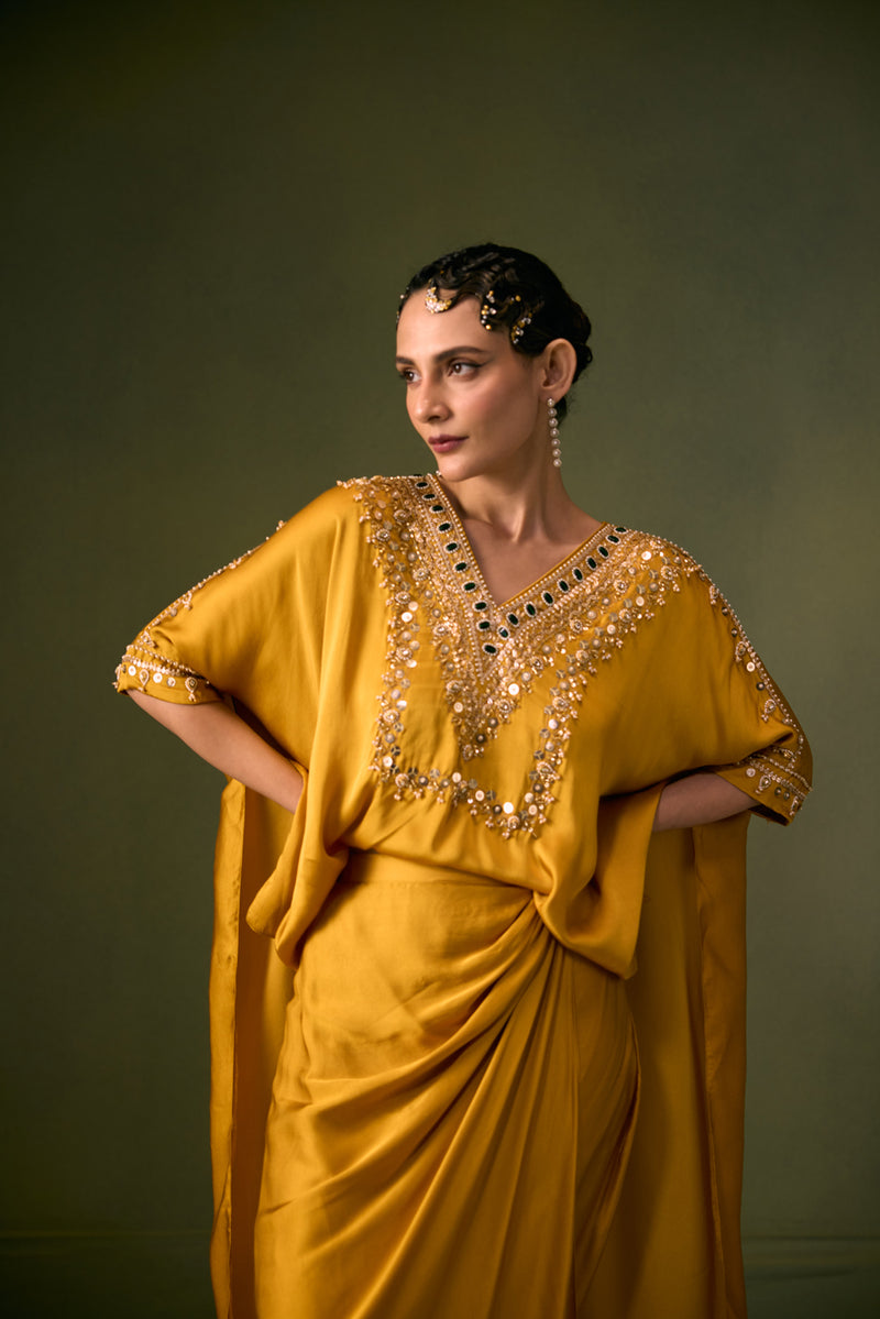 Nexa Antifit Top with Wrap Skirt vegan satin indo-western by PRAHNAAYA in musturd yellow for women Worldwide