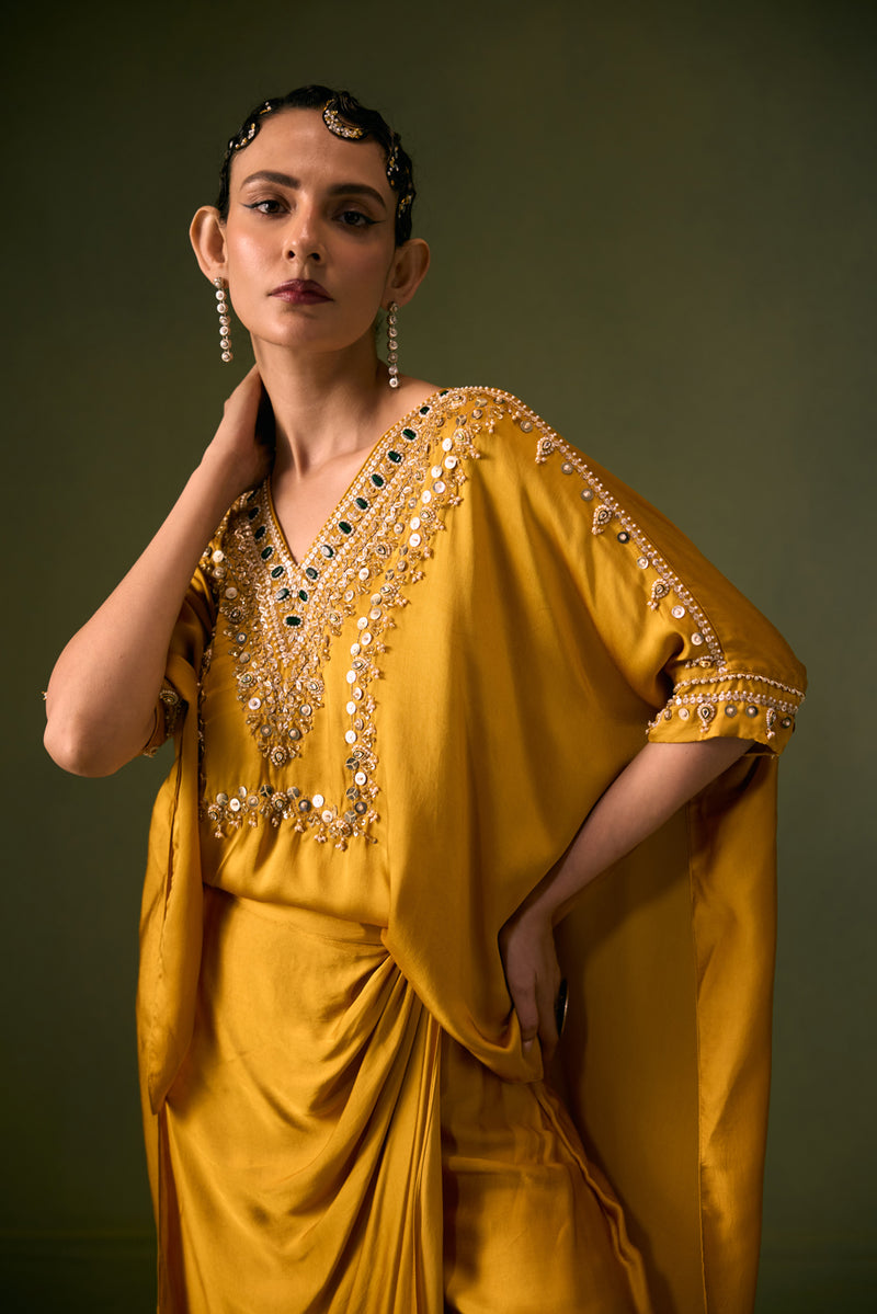Nexa Antifit Top with Wrap Skirt vegan satin indo-western by PRAHNAAYA in musturd yellow for women Worldwide