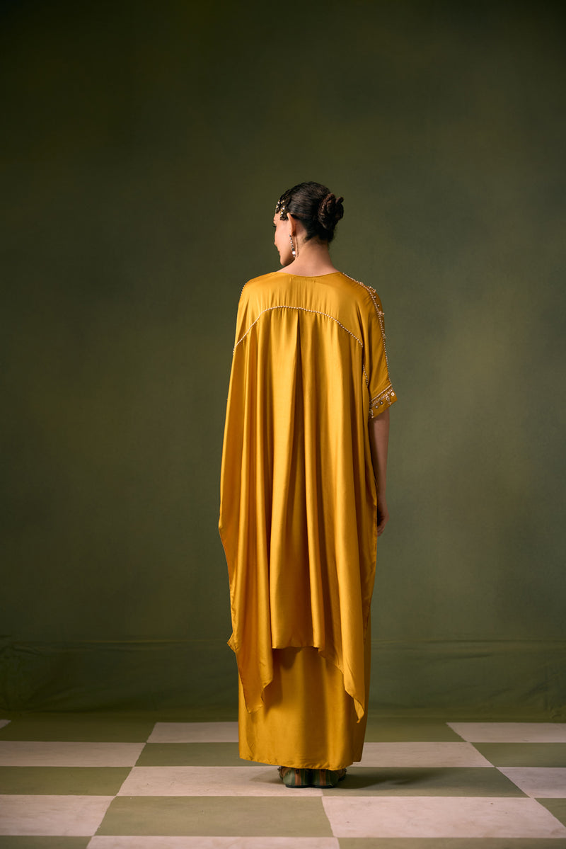 Nexa Antifit Top with Wrap Skirt vegan satin indo-western by PRAHNAAYA in musturd yellow for women Worldwide