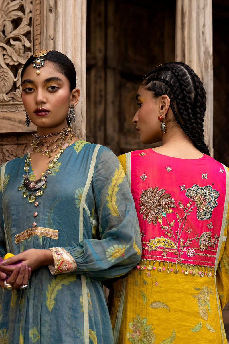 Fariba Lime Yellow Printed Back Yoke Kurta Set