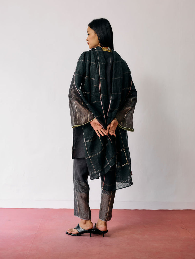 Nila Tapered Metallic Linen Pants-Charcoal linen pant/trousers by Manan in black for women Worldwide