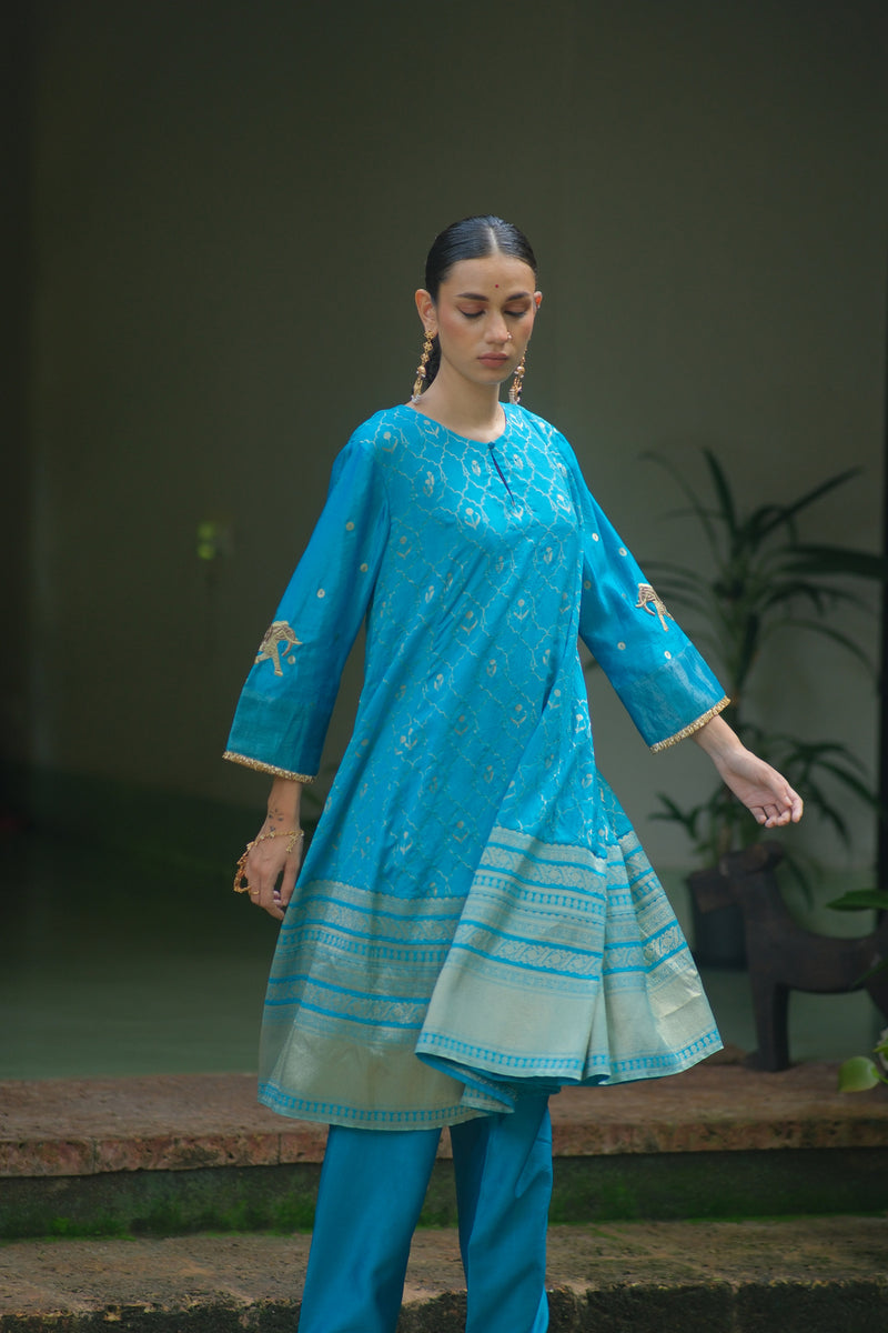 Nadi Kurta Set brocade, chanderi silk kurta/kurta set by Myoho in turqouise for women Worldwide