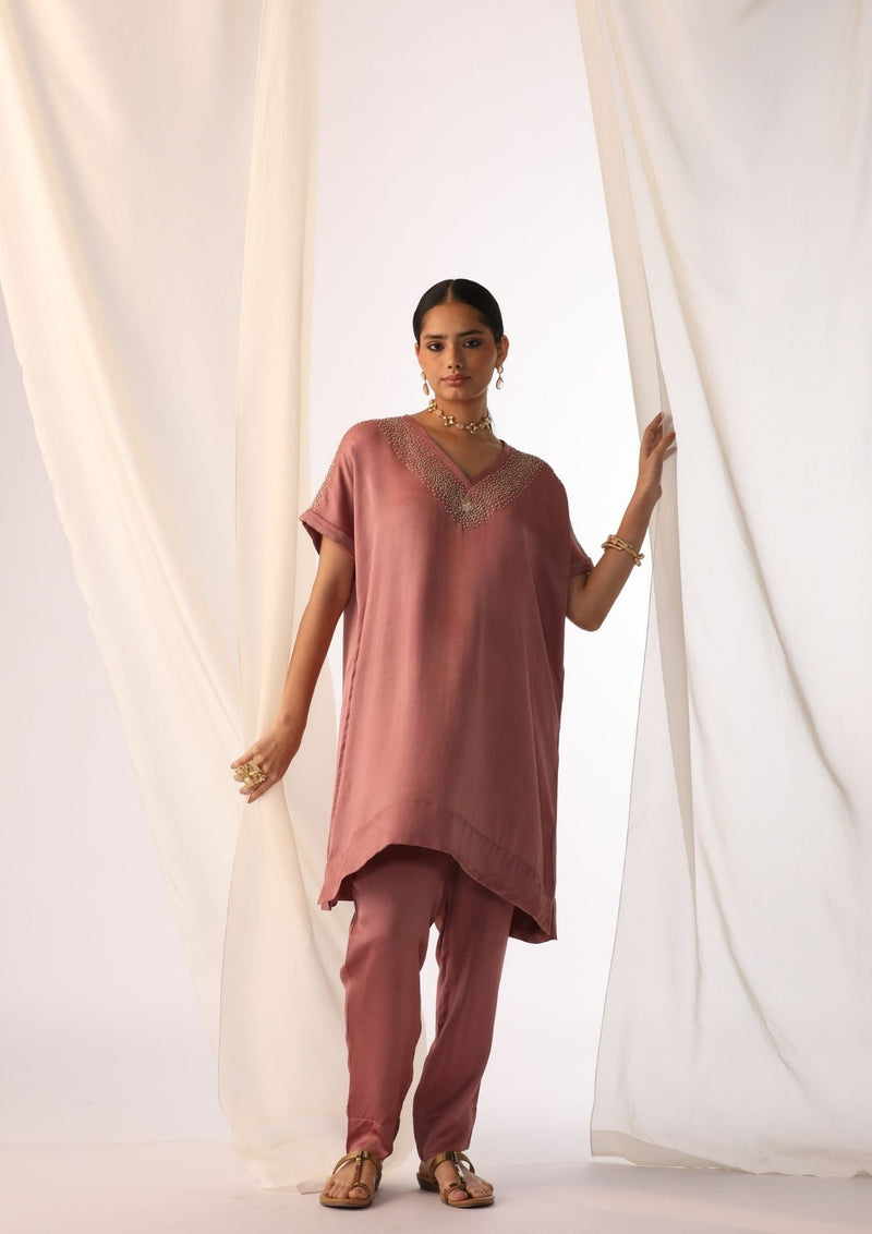 Linen satin co-ord set with knot handwork embroidery satin by Myoho in pink color for women Worldwide