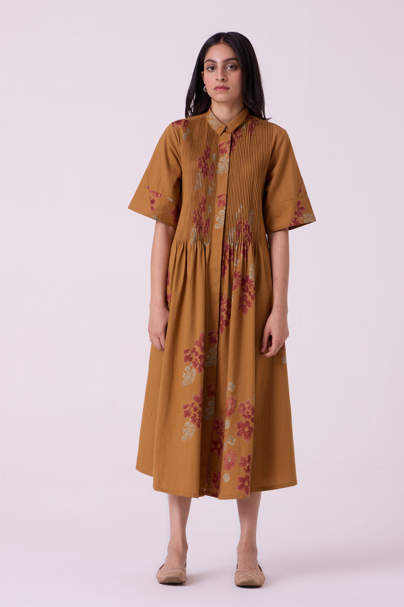 Minerva Floral Hand Printed Midi Dress hand block printed handwoven khadi x cotton dress by The Summer House in brown for women Worldwide