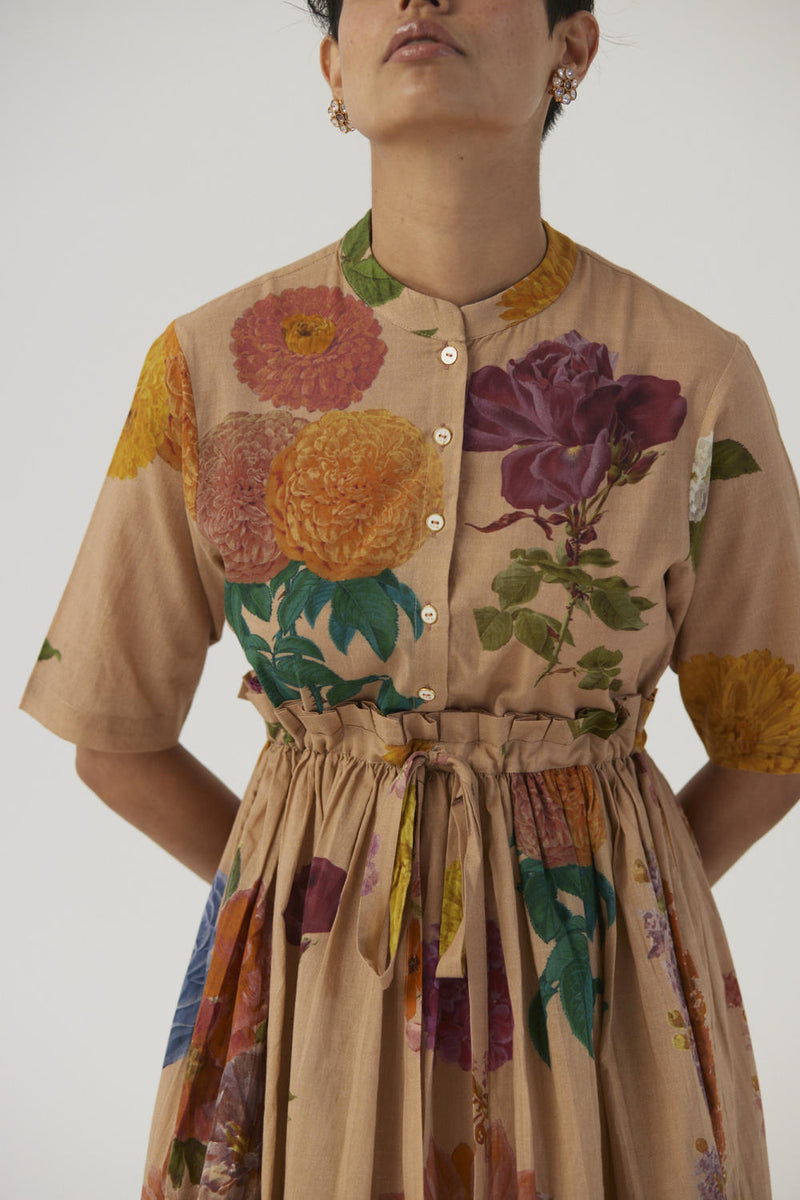 VINTAGE GARDEN GATHERED DRESS cotton Dress by Yam in beige color for women Worldwide
