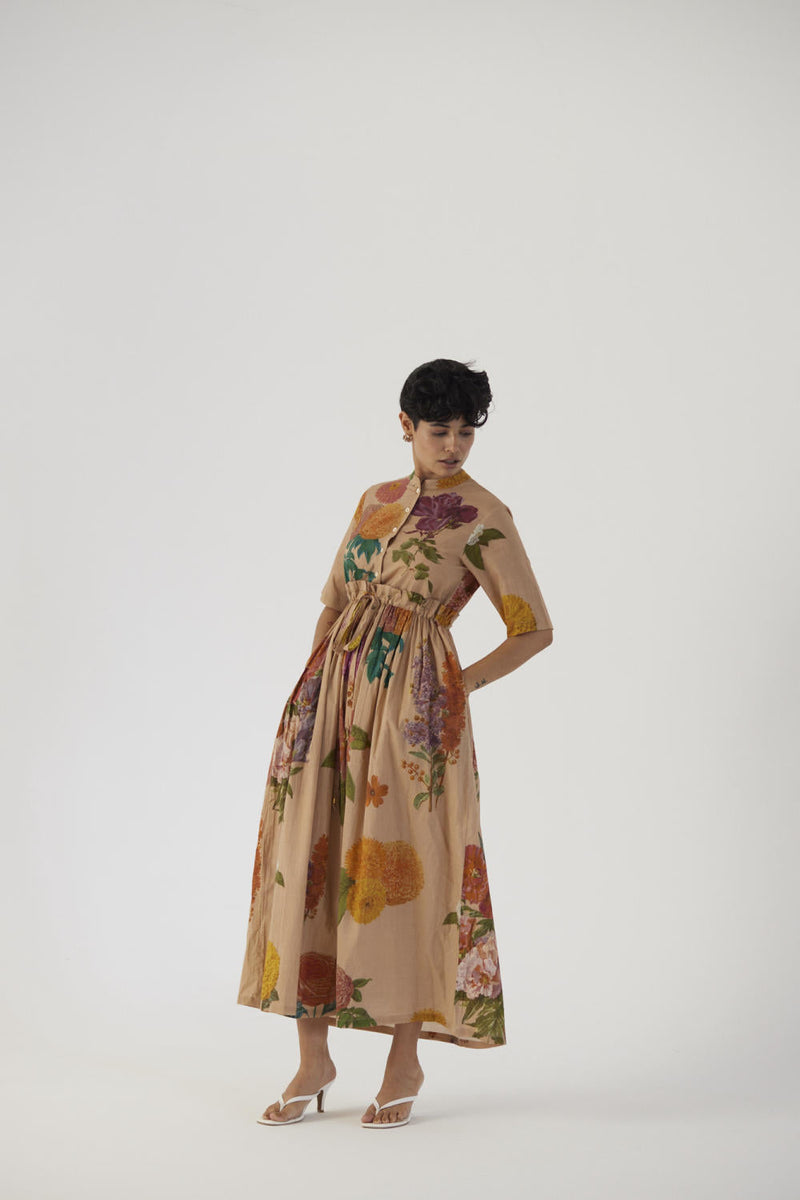 VINTAGE GARDEN GATHERED DRESS cotton Dress by Yam in beige color for women Worldwide