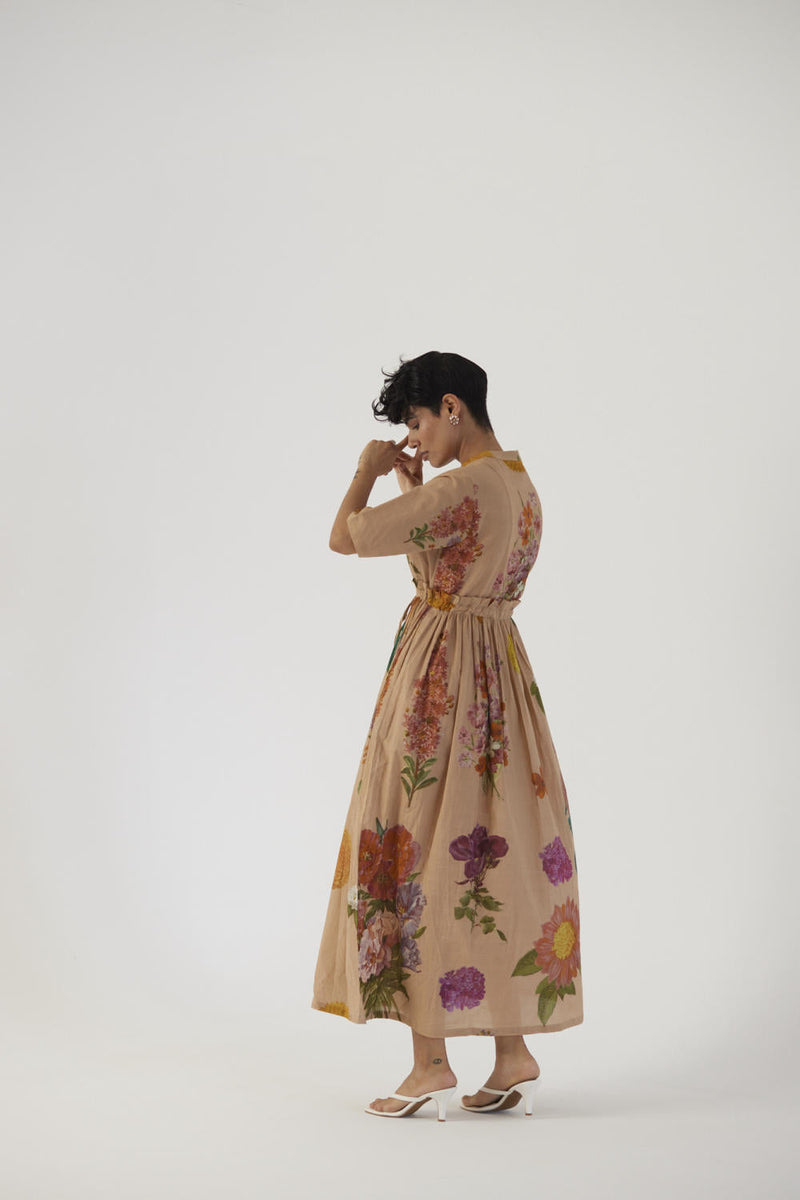 VINTAGE GARDEN GATHERED DRESS cotton Dress by Yam in beige color for women Worldwide