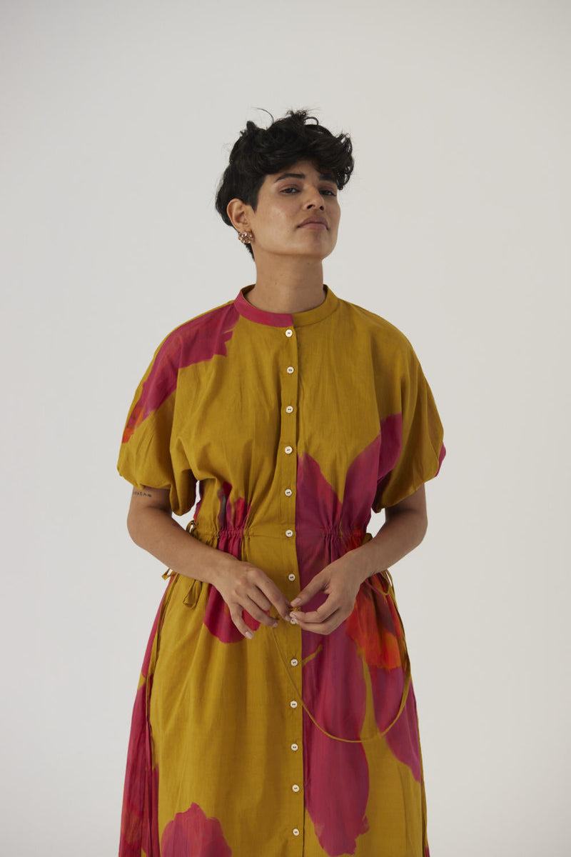 PINK POPPIES SIDE TIE-UP DRESS cotton Dress by Yam in mustard color for women Worldwide