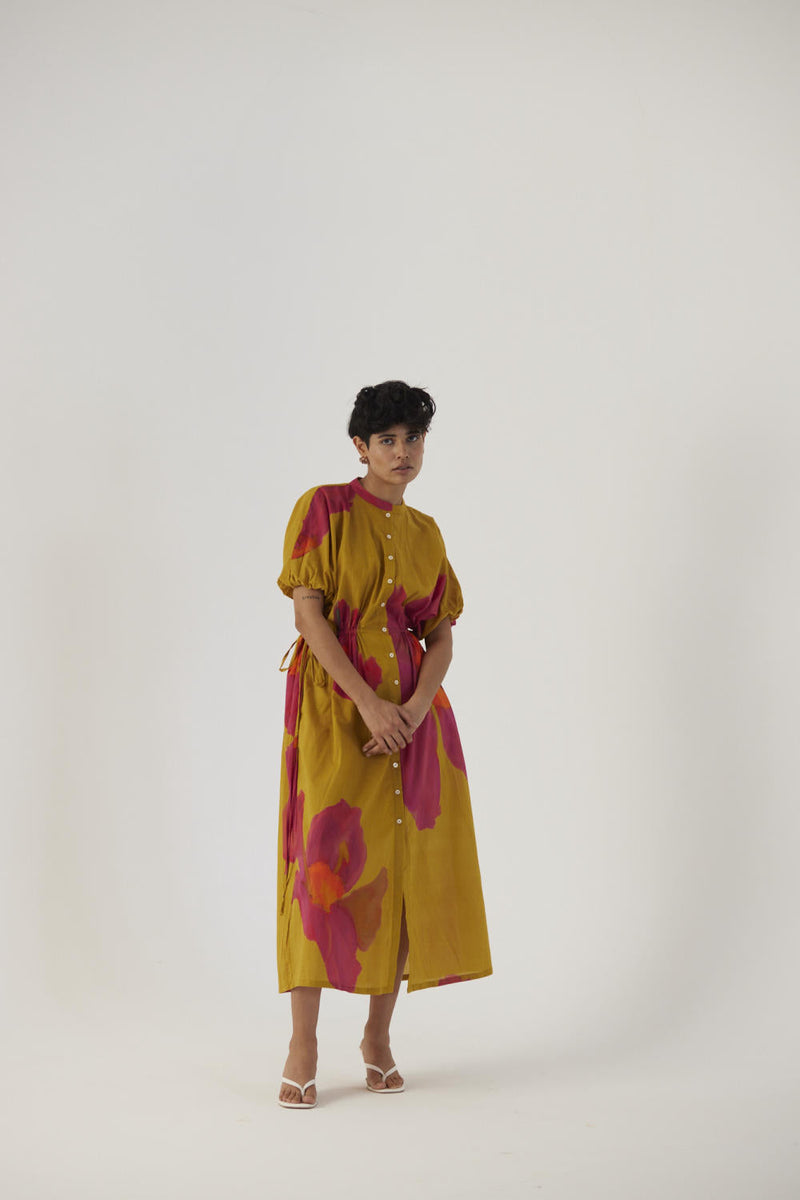 PINK POPPIES SIDE TIE-UP DRESS cotton Dress by Yam in mustard color for women Worldwide