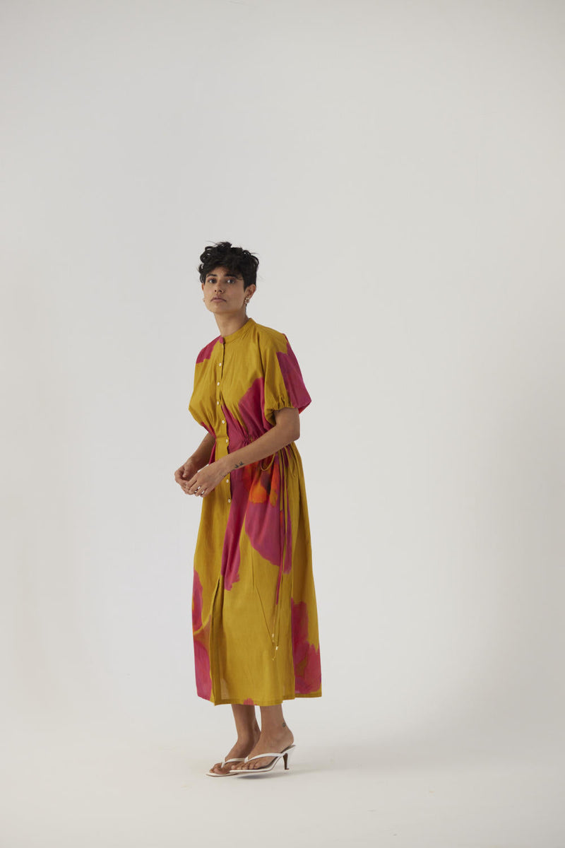 PINK POPPIES SIDE TIE-UP DRESS cotton Dress by Yam in mustard color for women Worldwide