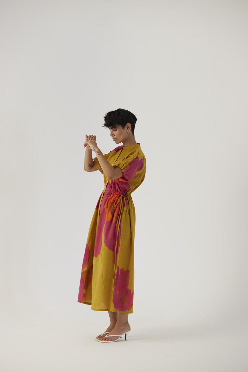 PINK POPPIES SIDE TIE-UP DRESS cotton Dress by Yam in mustard color for women Worldwide