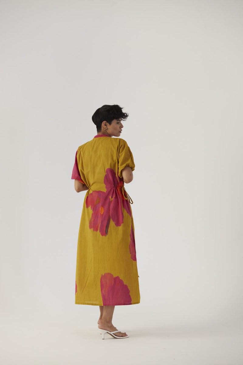 PINK POPPIES SIDE TIE-UP DRESS cotton Dress by Yam in mustard color for women Worldwide