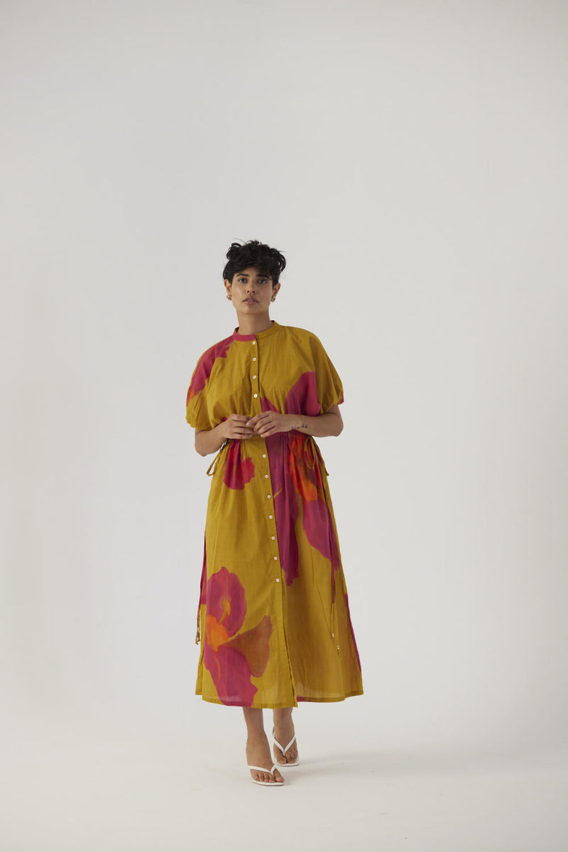 PINK POPPIES SIDE TIE-UP DRESS cotton Dress by Yam in mustard color for women Worldwide