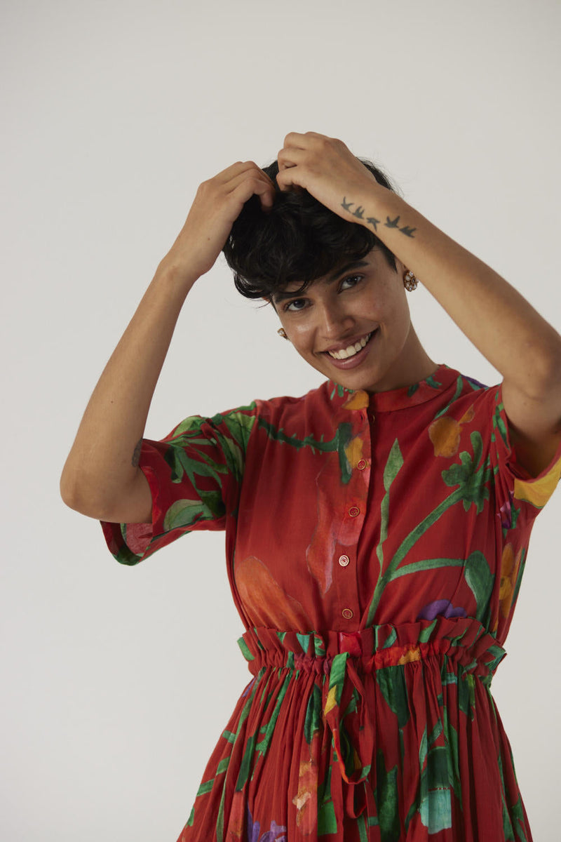 BIG BOTANICAL RED GATHERED DRESS cotton Dress by Yam in red color for women Worldwide