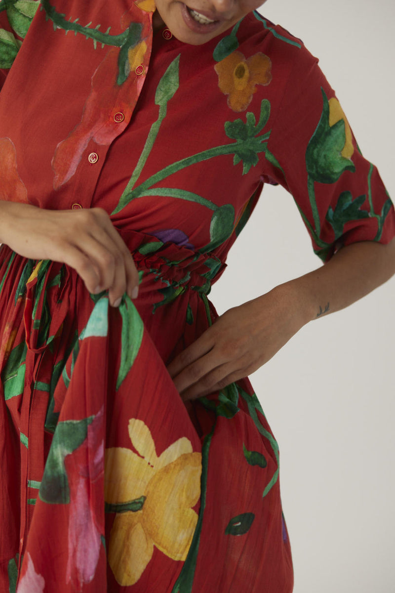 BIG BOTANICAL RED GATHERED DRESS cotton Dress by Yam in red color for women Worldwide