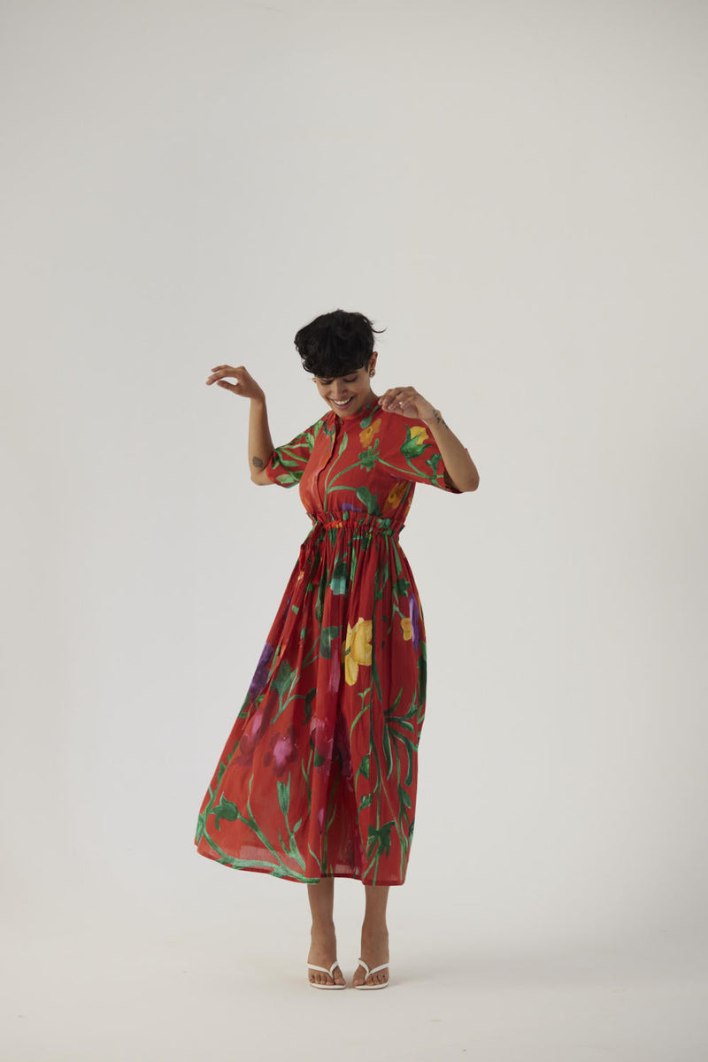 BIG BOTANICAL RED GATHERED DRESS cotton Dress by Yam in red color for women Worldwide