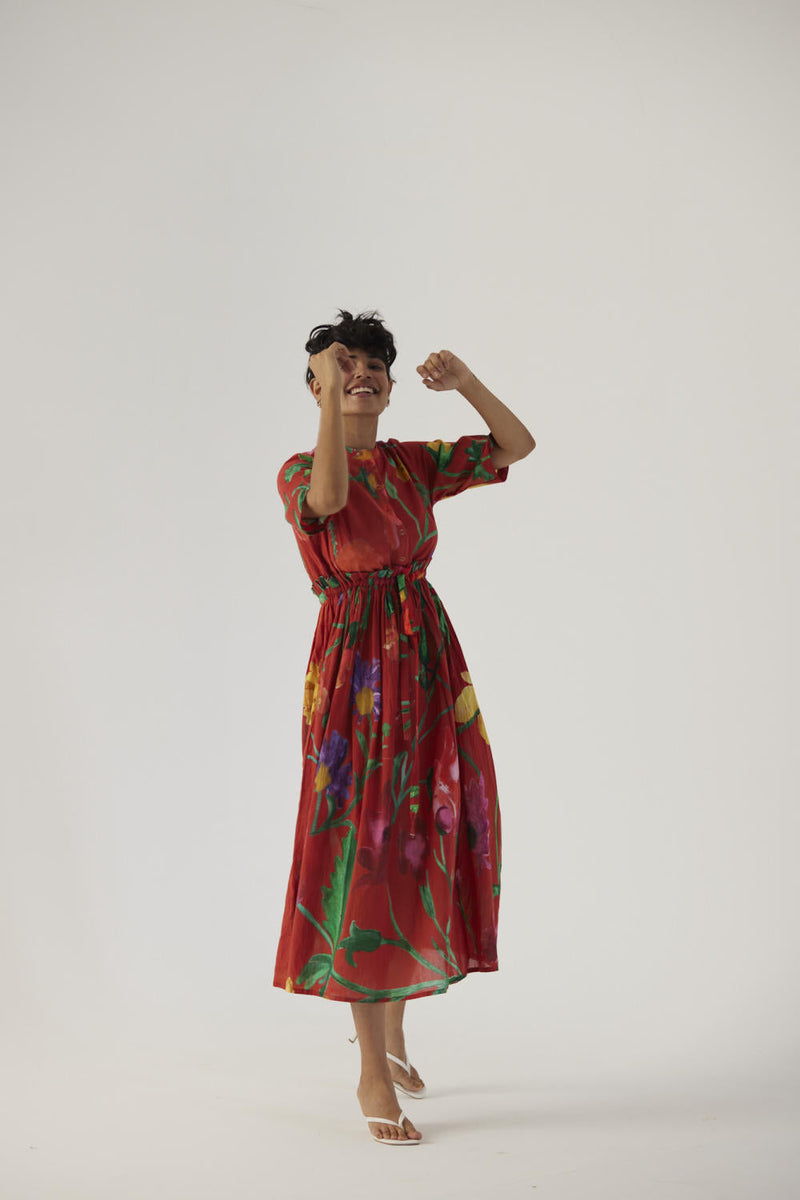 BIG BOTANICAL RED GATHERED DRESS cotton Dress by Yam in red color for women Worldwide