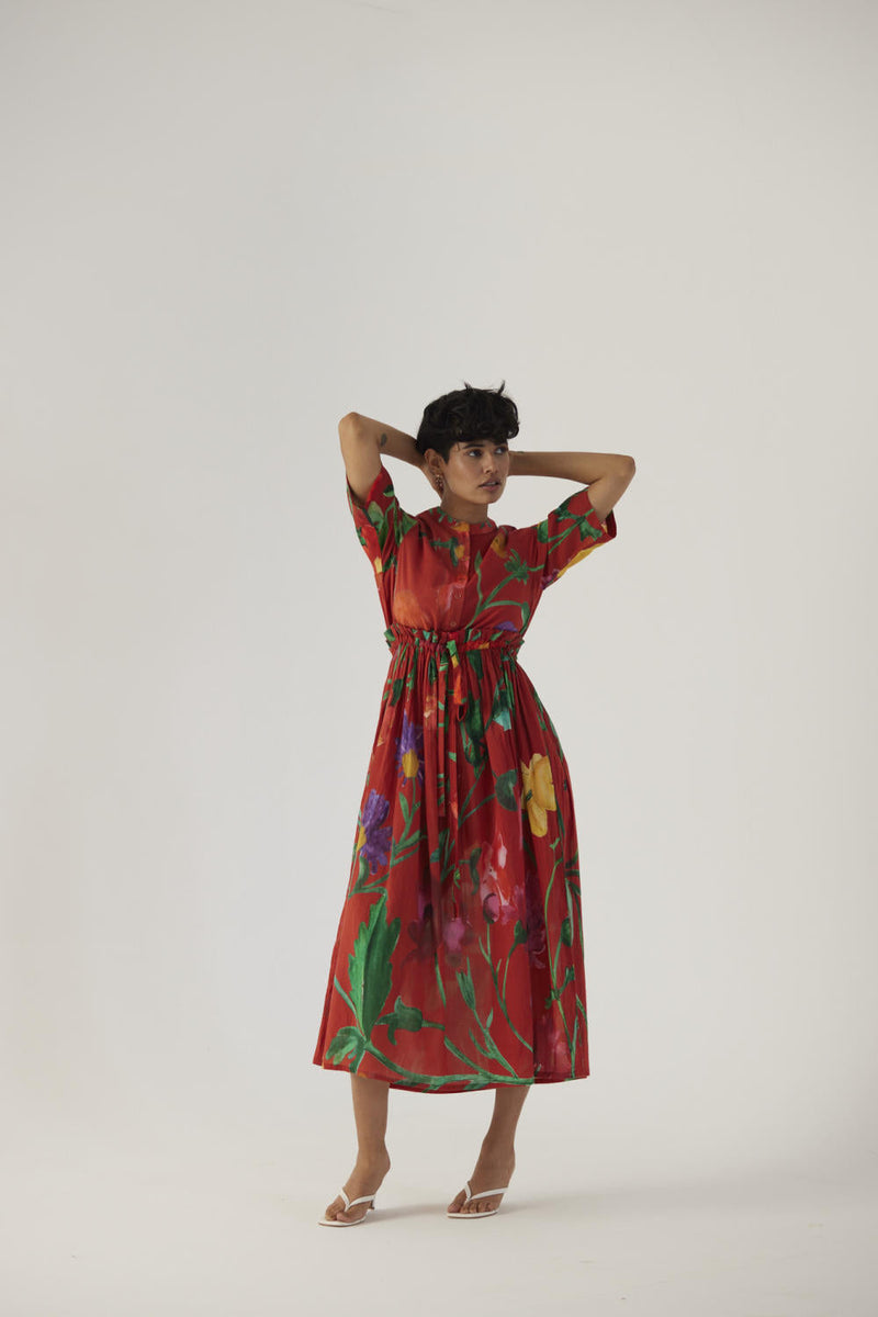 BIG BOTANICAL RED GATHERED DRESS cotton Dress by Yam in red color for women Worldwide