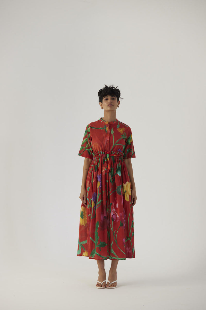 BIG BOTANICAL RED GATHERED DRESS cotton Dress by Yam in red color for women Worldwide