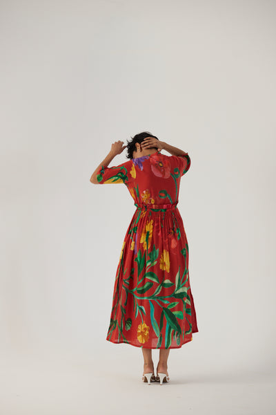 BIG BOTANICAL RED GATHERED DRESS