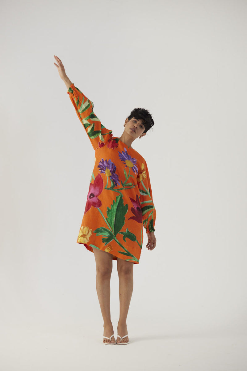 BIG BOTANICAL ORANGE LINEN SHORT DRESS Dress by Yam in orange color for women Worldwide