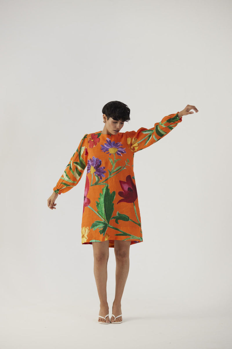 BIG BOTANICAL ORANGE LINEN SHORT DRESS Dress by Yam in orange color for women Worldwide