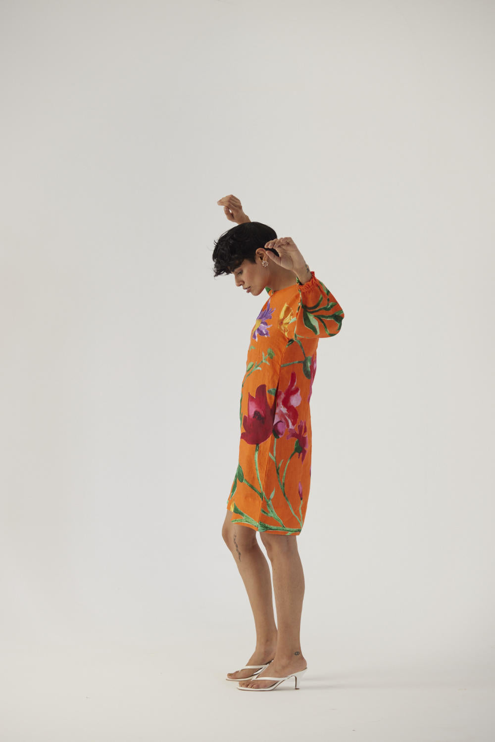 BIG BOTANICAL ORANGE LINEN SHORT DRESS