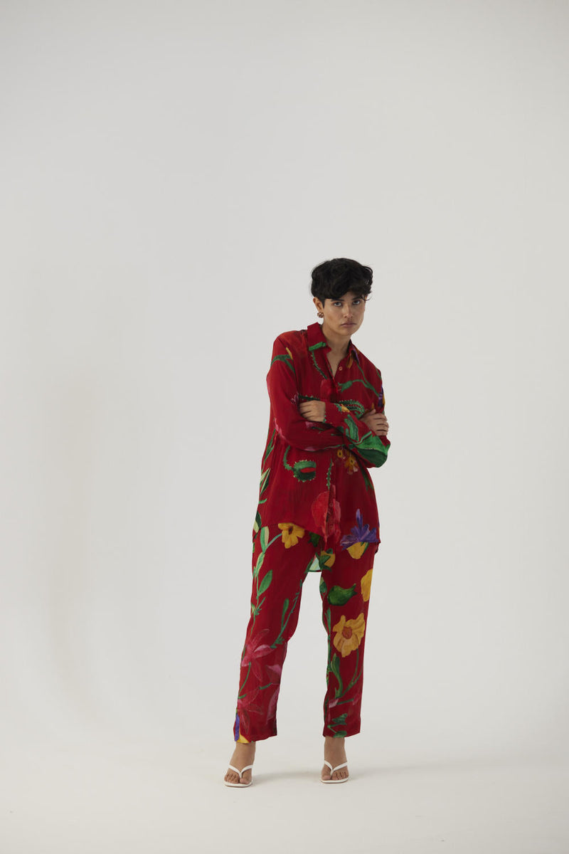 BIG BOTANICAL RED CREPE COORD SET Co-ord Sets by Yam in red color for women Worldwide