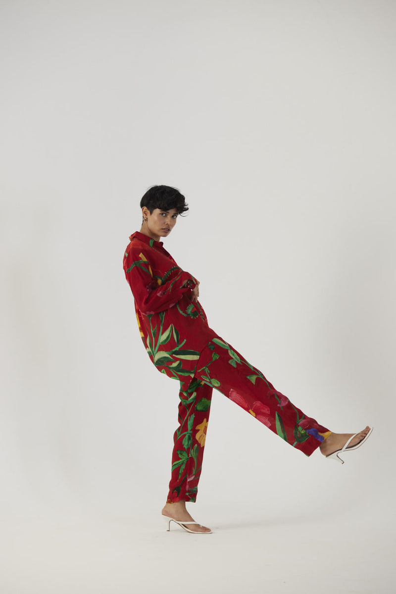 BIG BOTANICAL RED CREPE COORD SET Co-ord Sets by Yam in red color for women Worldwide