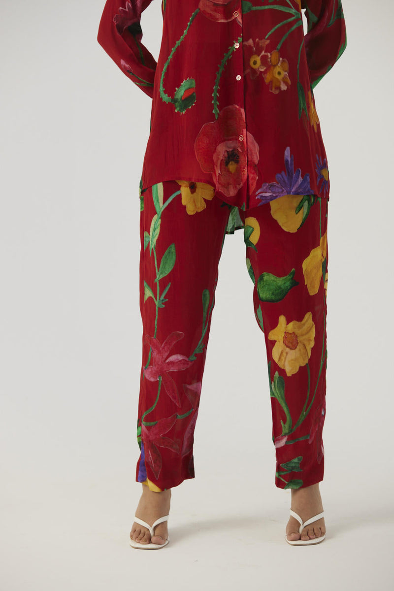 BIG BOTANICAL RED CREPE COORD SET Co-ord Sets by Yam in red color for women Worldwide