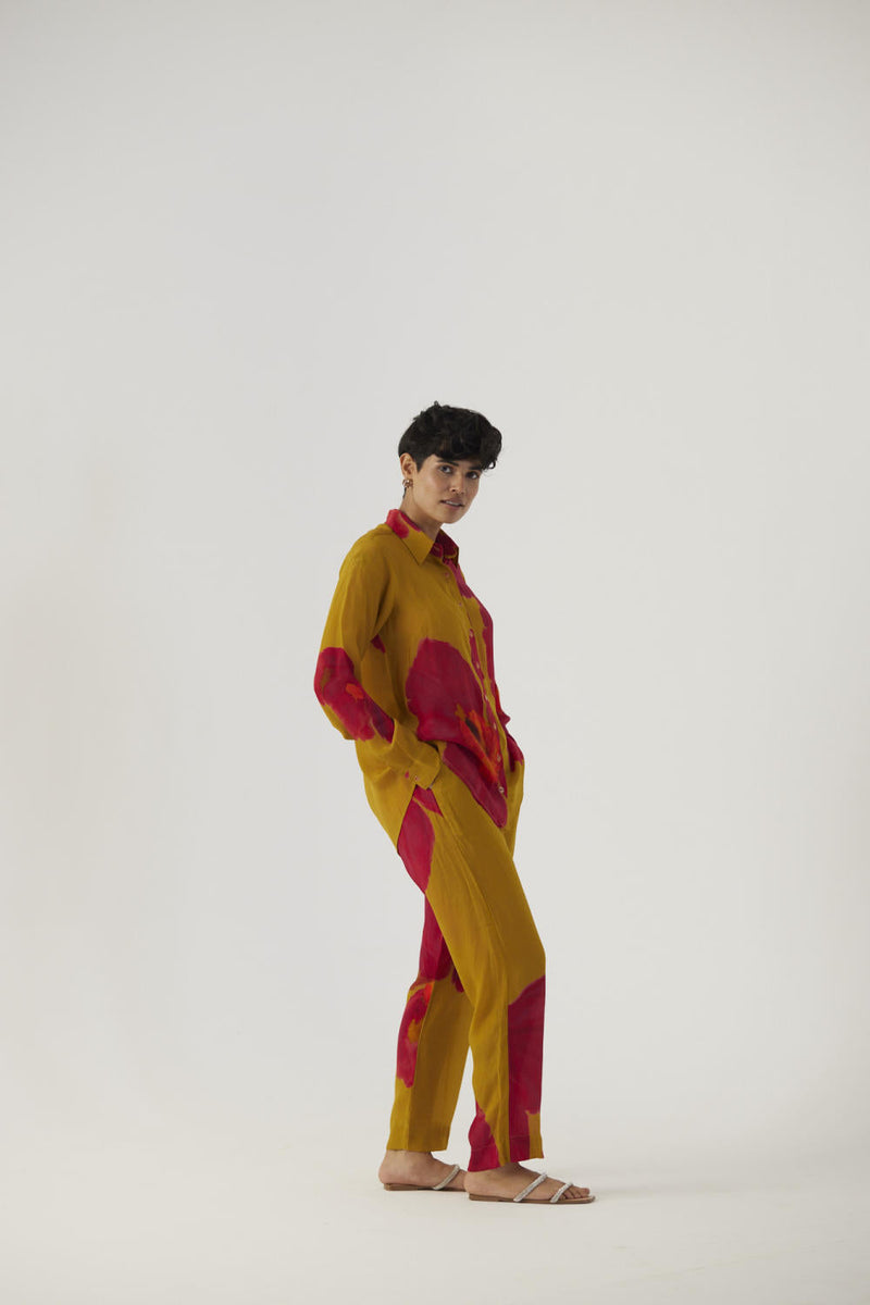 PINK POPPIES CREPE COORD SET Co-ord Sets by Yam in mustard color for women Worldwide