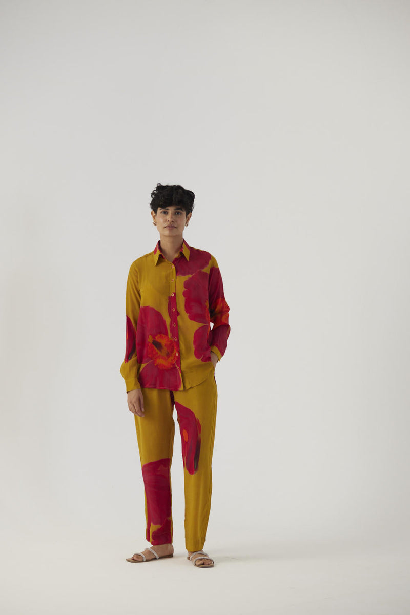 PINK POPPIES CREPE COORD SET Co-ord Sets by Yam in mustard color for women Worldwide