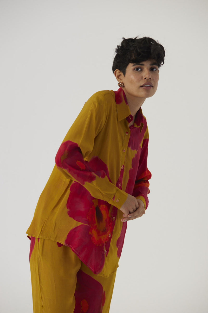PINK POPPIES CREPE COORD SET Co-ord Sets by Yam in mustard color for women Worldwide