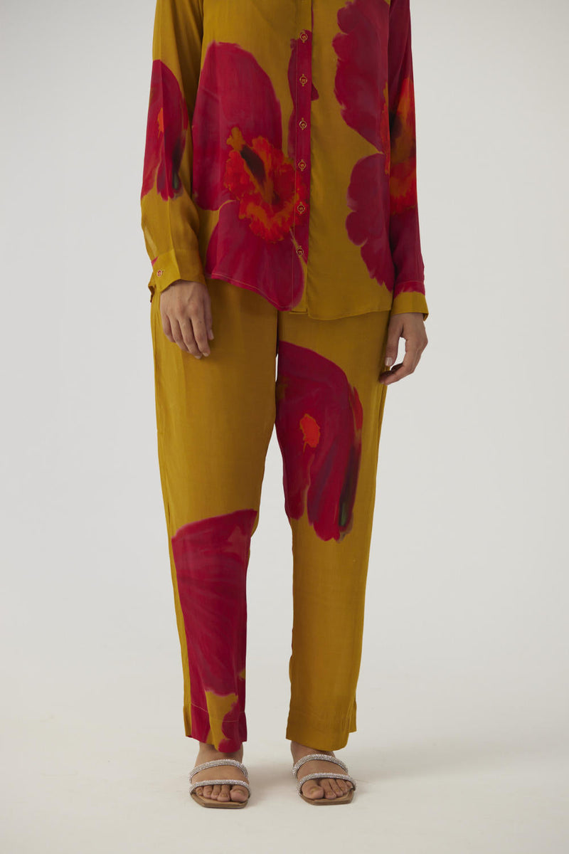PINK POPPIES CREPE COORD SET Co-ord Sets by Yam in mustard color for women Worldwide