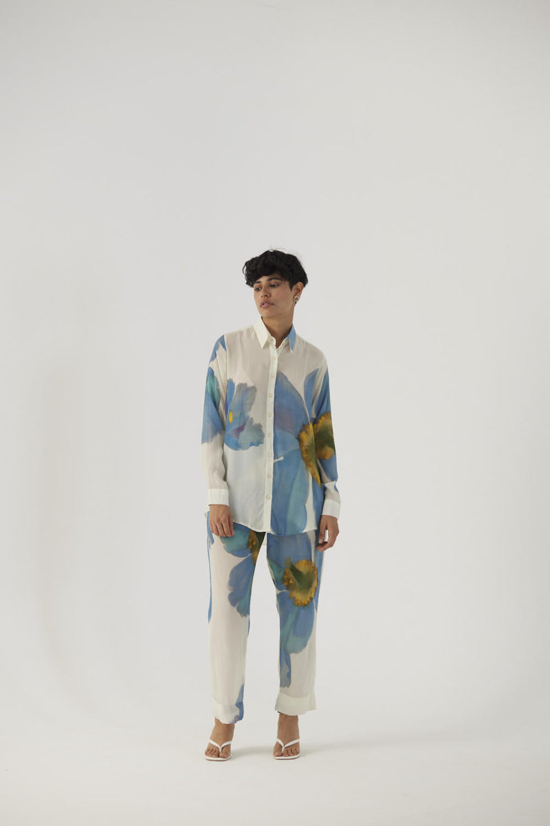 BLUE POPPIES CREPE COORD SET Co-ord Sets by Yam in white color for women Worldwide