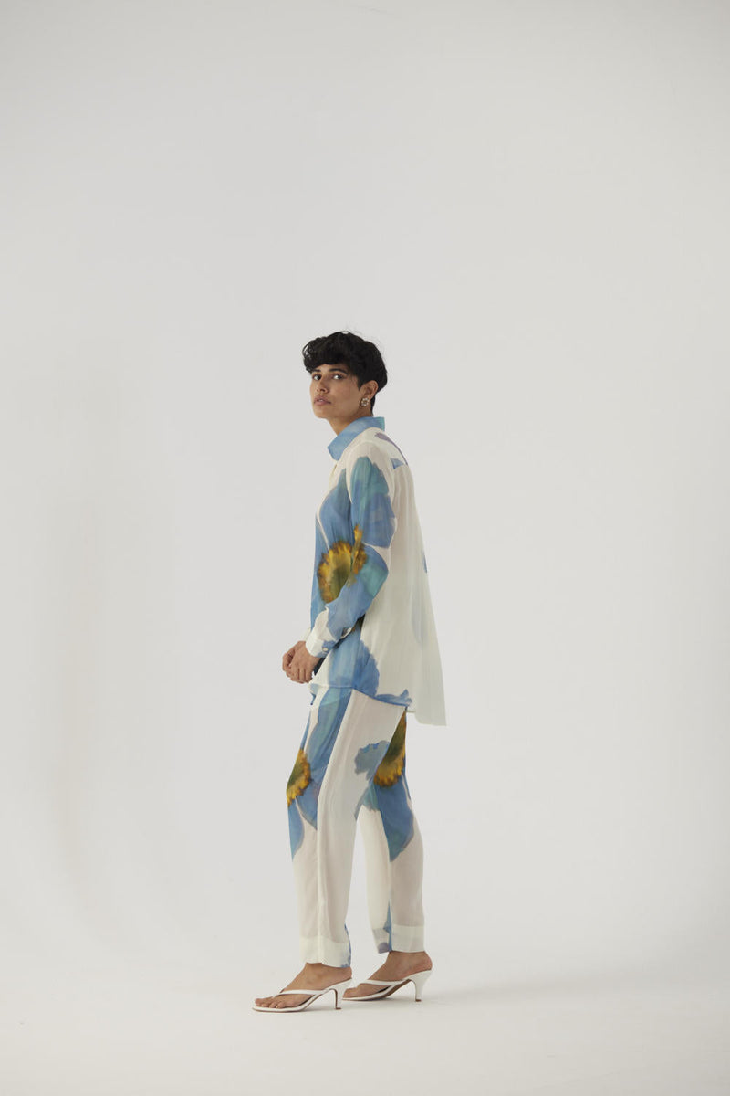 BLUE POPPIES CREPE COORD SET Co-ord Sets by Yam in white color for women Worldwide