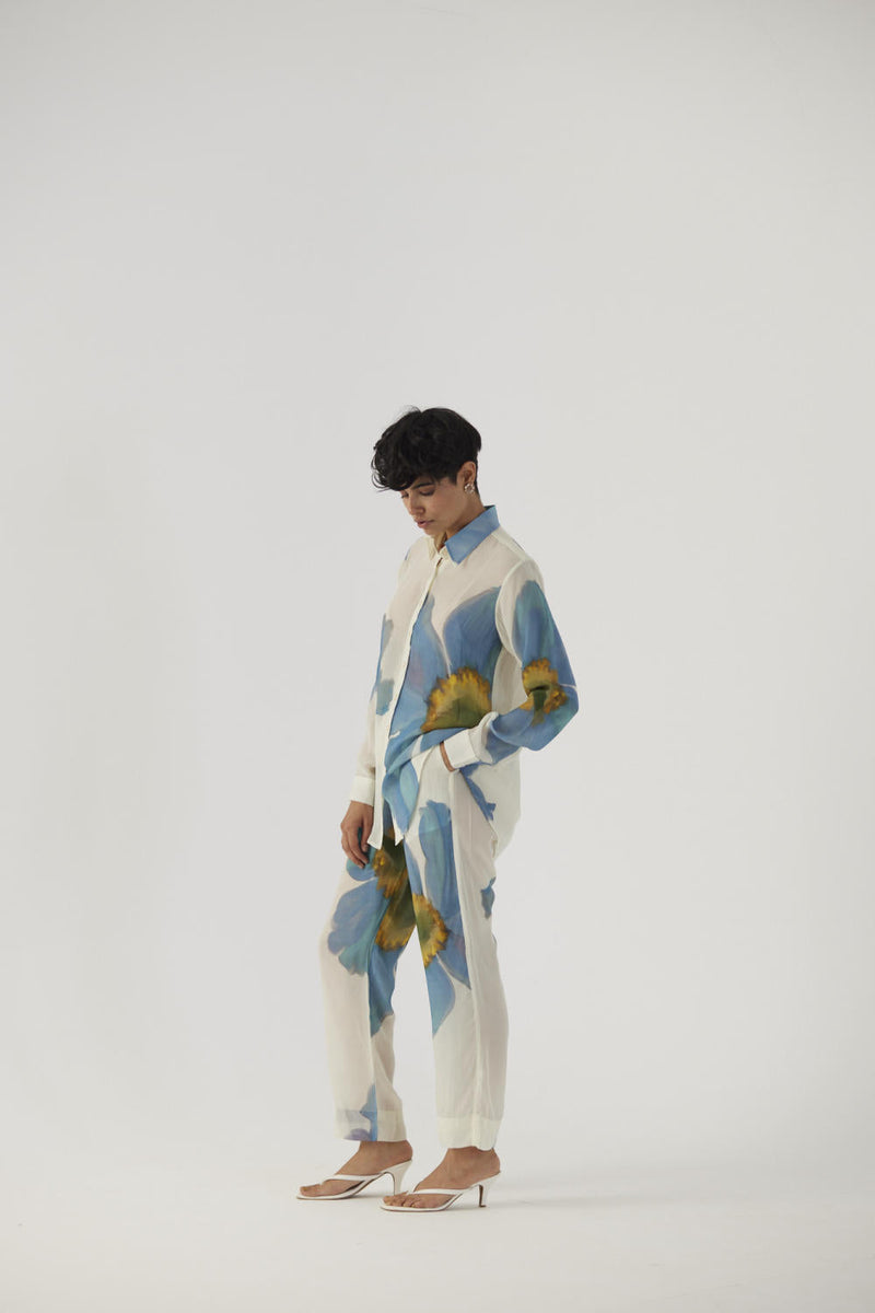 BLUE POPPIES CREPE COORD SET Co-ord Sets by Yam in white color for women Worldwide