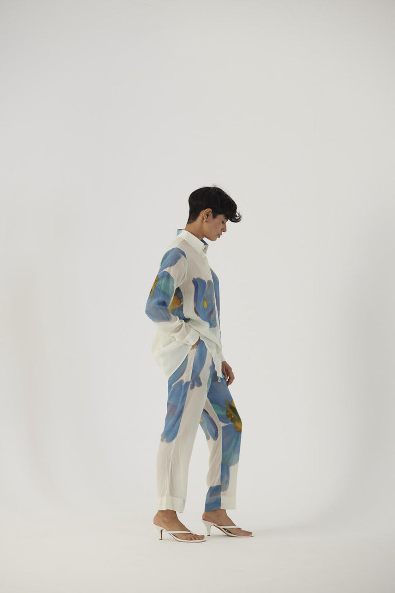 BLUE POPPIES CREPE COORD SET Co-ord Sets by Yam in white color for women Worldwide