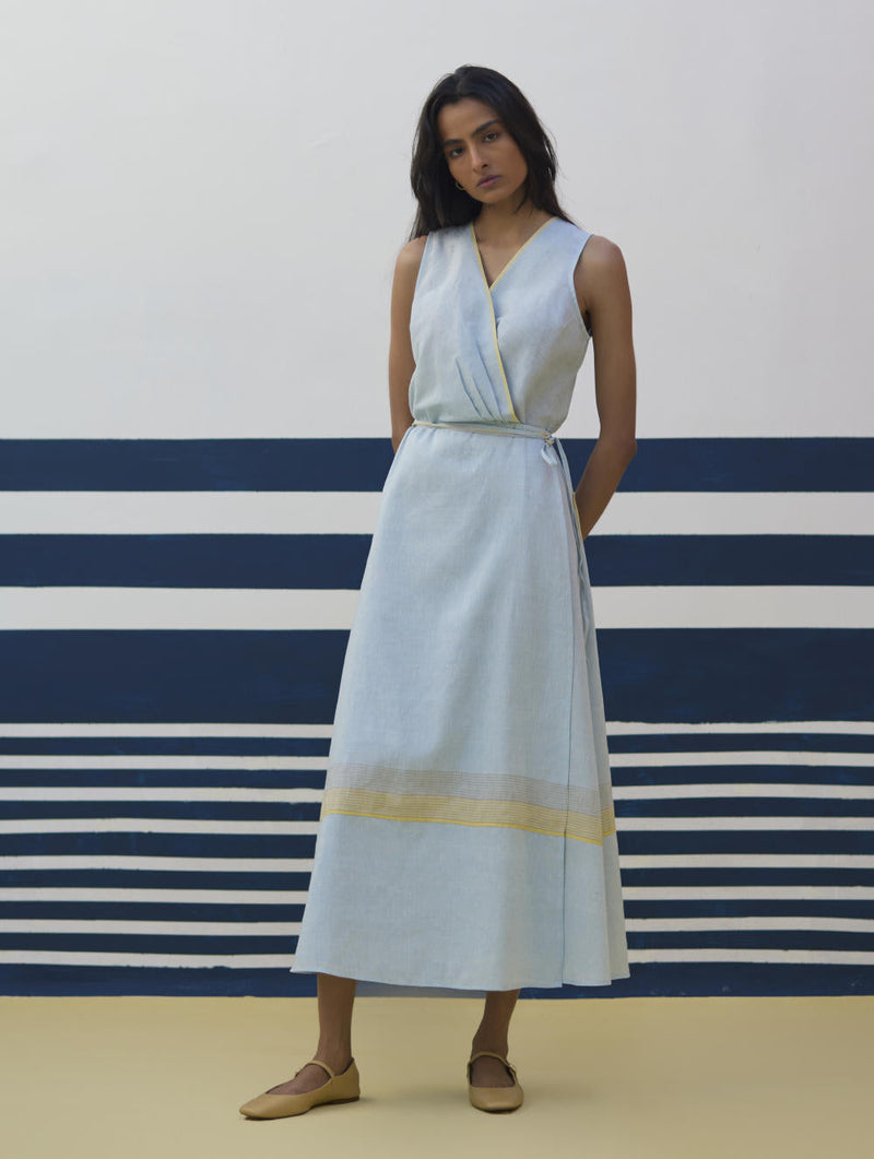 Ava Border Linen Wrap Dress
 - Sky by Manan in blue color for women Worldwide