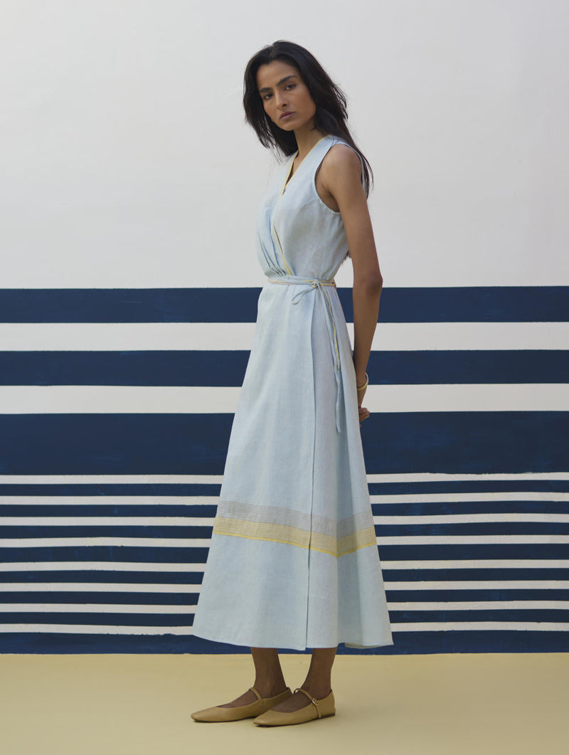 Ava Border Linen Wrap Dress
 - Sky by Manan in blue color for women Worldwide